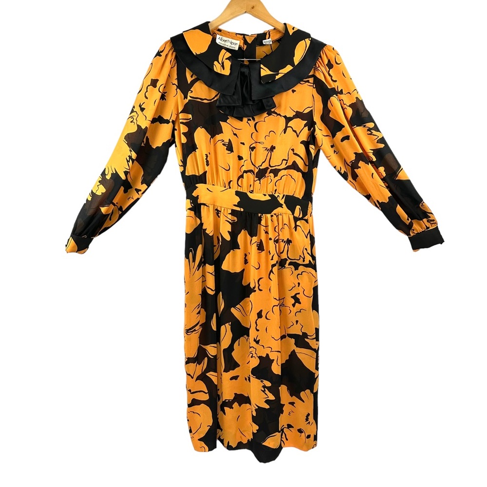 Vintage Albert Nipon Dress Executive Womens 10 Orange Black Secretary Bow 1980s